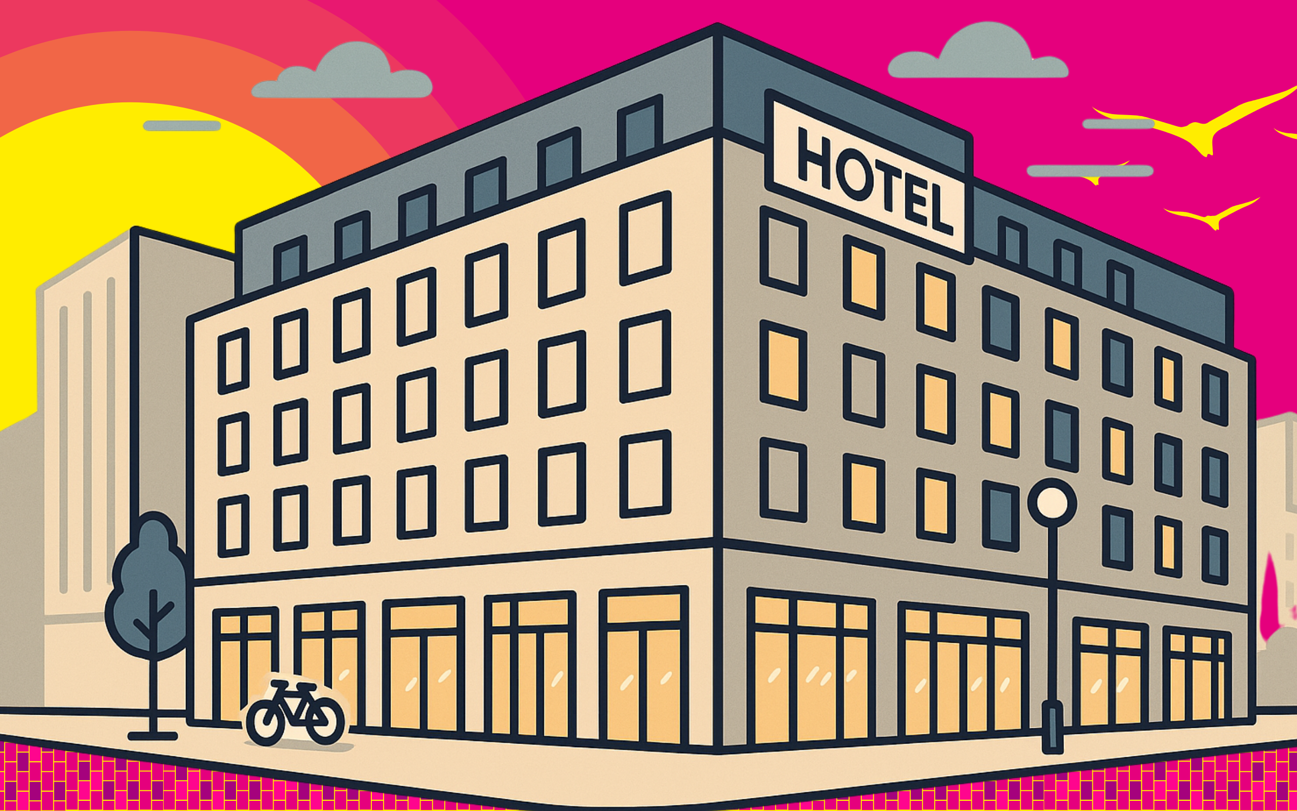 Stilisierte, farbenfrohe Vektorillustration eines modernen Hotels an einer Straßenecke. Das Gebäude ist sechsstöckig, mit großen Fenstern, einem Fahrrad vor dem Eingang und einem Baum auf dem Gehweg. Der Hintergrund zeigt einen leuchtenden Sonnenuntergang mit Wolken und fliegenden Vögeln vor pink-gelbem Himmel im Retro-Stil.