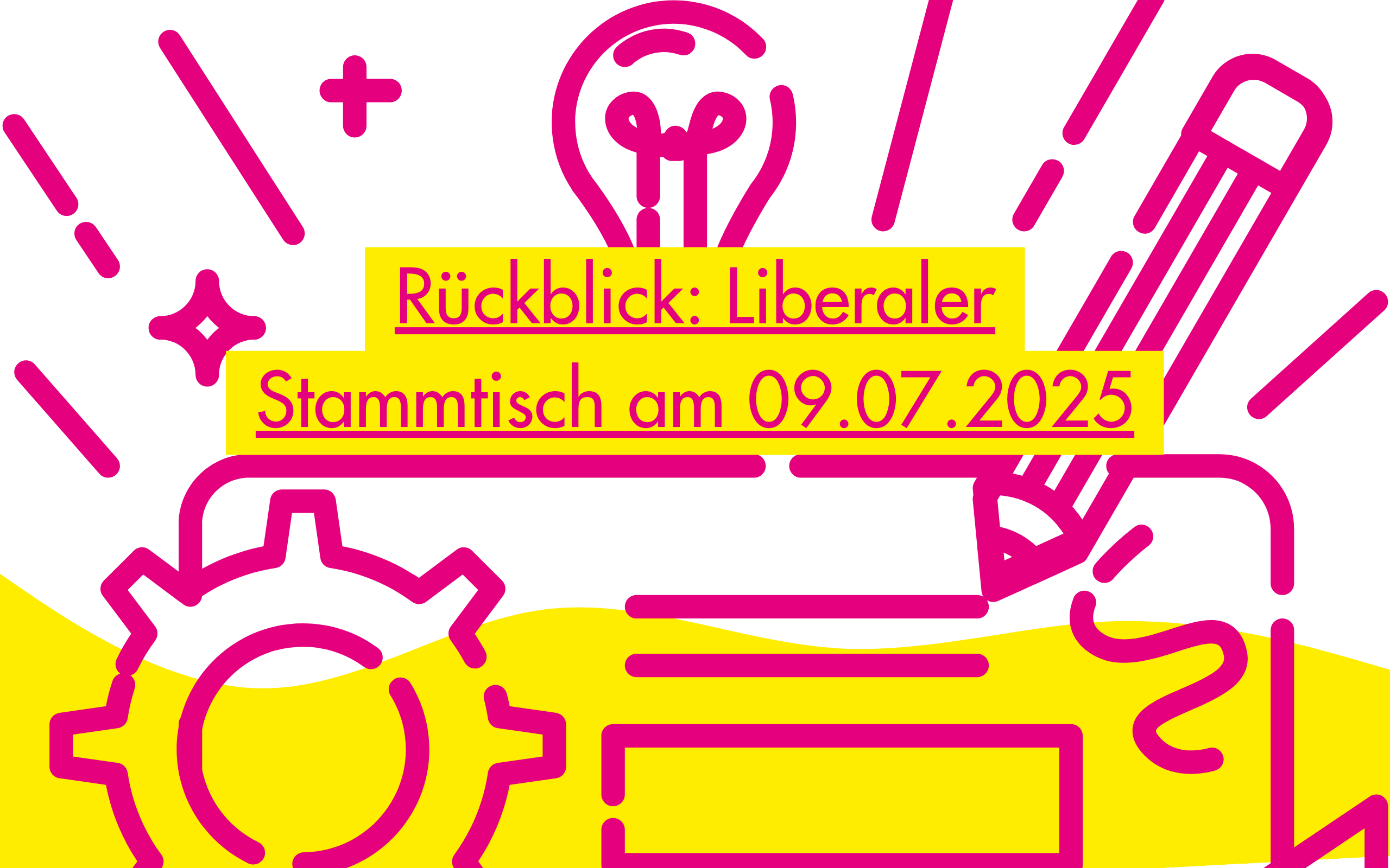 Grafische Illustration im FDP-Stil zum Rückblick auf den liberalen Stammtisch am 9. Juli 2025. In kräftigem Magenta ist eine Glühbirne, ein Zahnrad, ein Stift und ein Formular dargestellt – Symbole für Ideen, kommunale Entwicklung und Beteiligung. Im Vordergrund steht gelb hinterlegt der Text: „Rückblick: Liberaler Stammtisch am 09.07.2025“. Die Farben Magenta und Gelb sind prägnant und im typischen Design der Freien Demokraten gehalten.