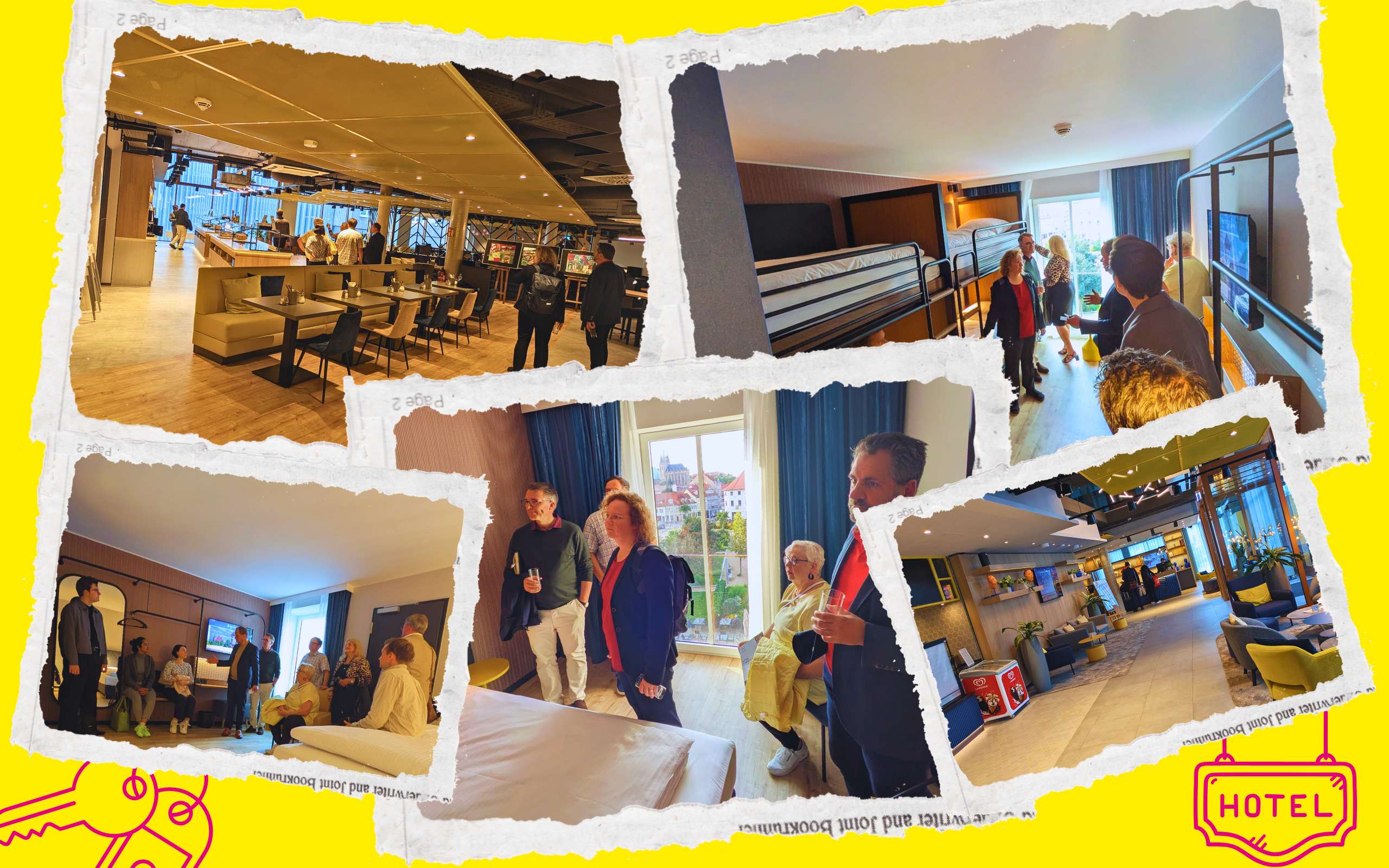 Collage aus fünf Fotos vom FDP-Stammtisch im H2-Hotel Erfurt. Zu sehen sind verschiedene Bereiche des Hotels: der Speisesaal mit gelben Polstern und modernem Design, ein Mehrbettzimmer mit Etagenbetten, zwei Gruppen von Teilnehmenden bei der Besichtigung von Doppelzimmern mit Blick auf die Stadt und der Eingangsbereich mit Sitzgelegenheiten und Rezeption. Der Hintergrund der Collage ist gelb, unten links sind stilisierte Schlüssel und unten rechts ein Schild mit der Aufschrift „HOTEL“ zu sehen.