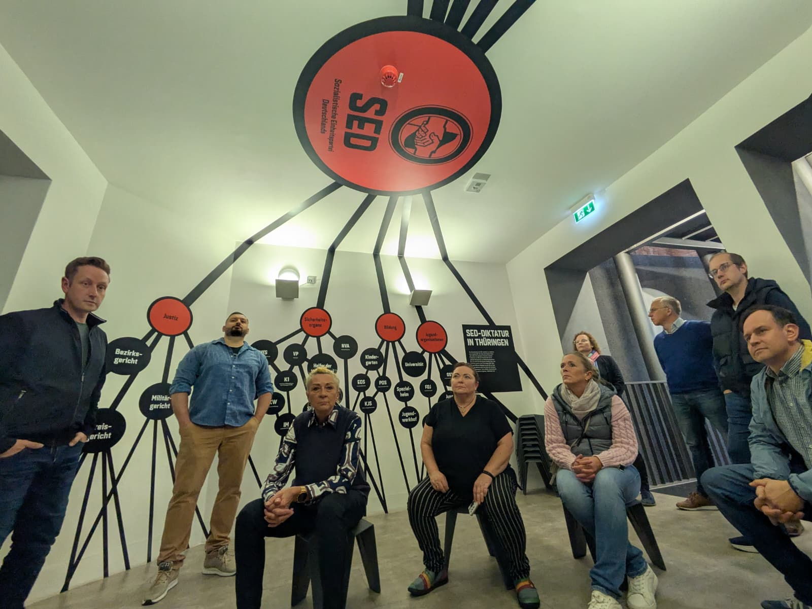 Mehrere Personen sitzen und stehen in einem Ausstellungsraum zur SED-Diktatur in Thüringen. Über ihnen verläuft eine grafische Darstellung der Machtstrukturen der SED, die von einem großen roten Kreis an der Decke mit dem SED-Logo ausgeht und sich mit schwarzen Linien an den Wänden verzweigt. Die Besucher:innen blicken aufmerksam nach oben in Richtung der Darstellung.