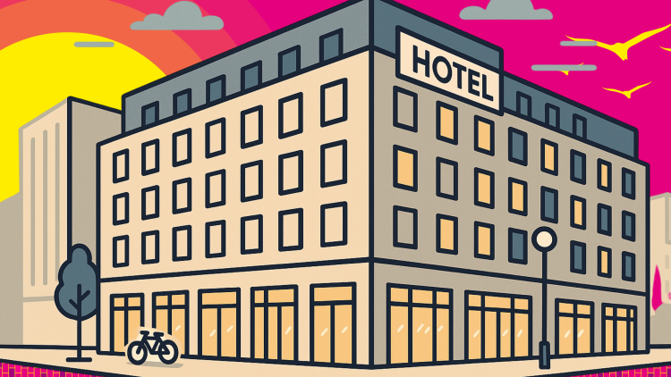 Stilisierte, farbenfrohe Vektorillustration eines modernen Hotels an einer Straßenecke. Das Gebäude ist sechsstöckig, mit großen Fenstern, einem Fahrrad vor dem Eingang und einem Baum auf dem Gehweg. Der Hintergrund zeigt einen leuchtenden Sonnenuntergang mit Wolken und fliegenden Vögeln vor pink-gelbem Himmel im Retro-Stil.