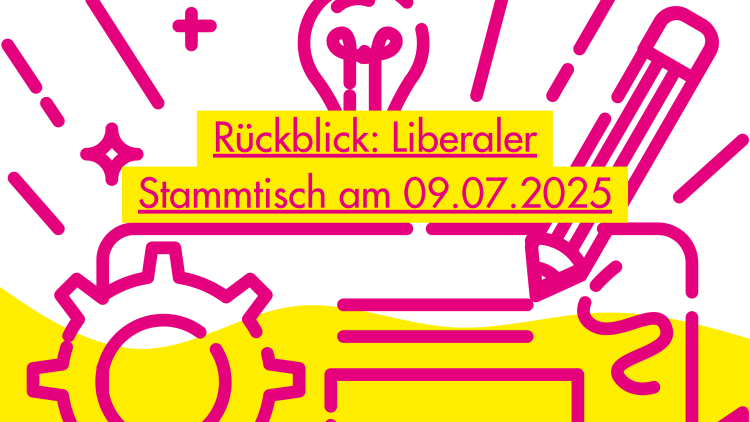 Grafische Illustration im FDP-Stil zum Rückblick auf den liberalen Stammtisch am 9. Juli 2025. In kräftigem Magenta ist eine Glühbirne, ein Zahnrad, ein Stift und ein Formular dargestellt – Symbole für Ideen, kommunale Entwicklung und Beteiligung. Im Vordergrund steht gelb hinterlegt der Text: „Rückblick: Liberaler Stammtisch am 09.07.2025“. Die Farben Magenta und Gelb sind prägnant und im typischen Design der Freien Demokraten gehalten.